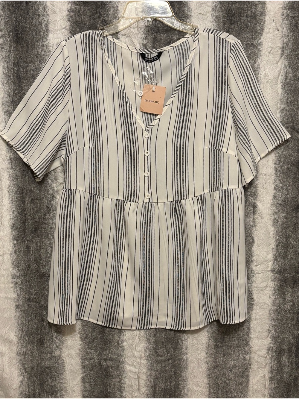 BloomChic White Blouse with Black Vertical Stripes